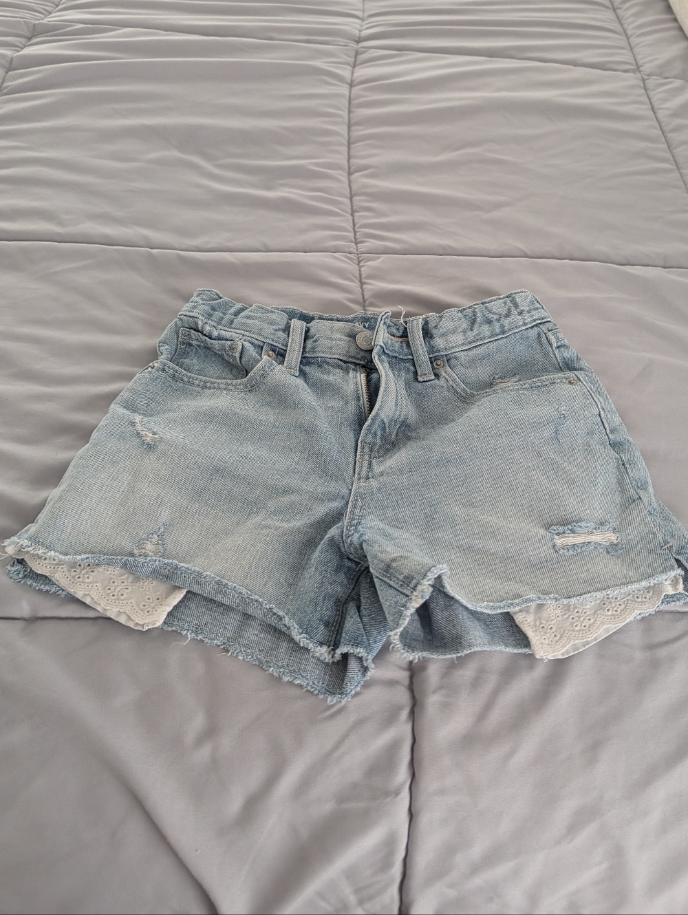 Light Blue Denim Lace-Trim Girls Shorts